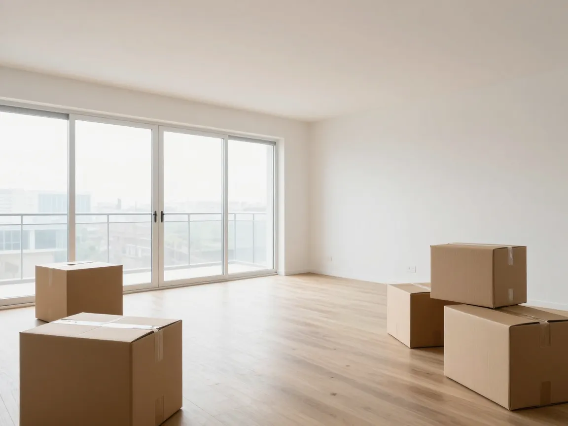 Cajas de mudanza en un departamento nuevo listo para limpiar